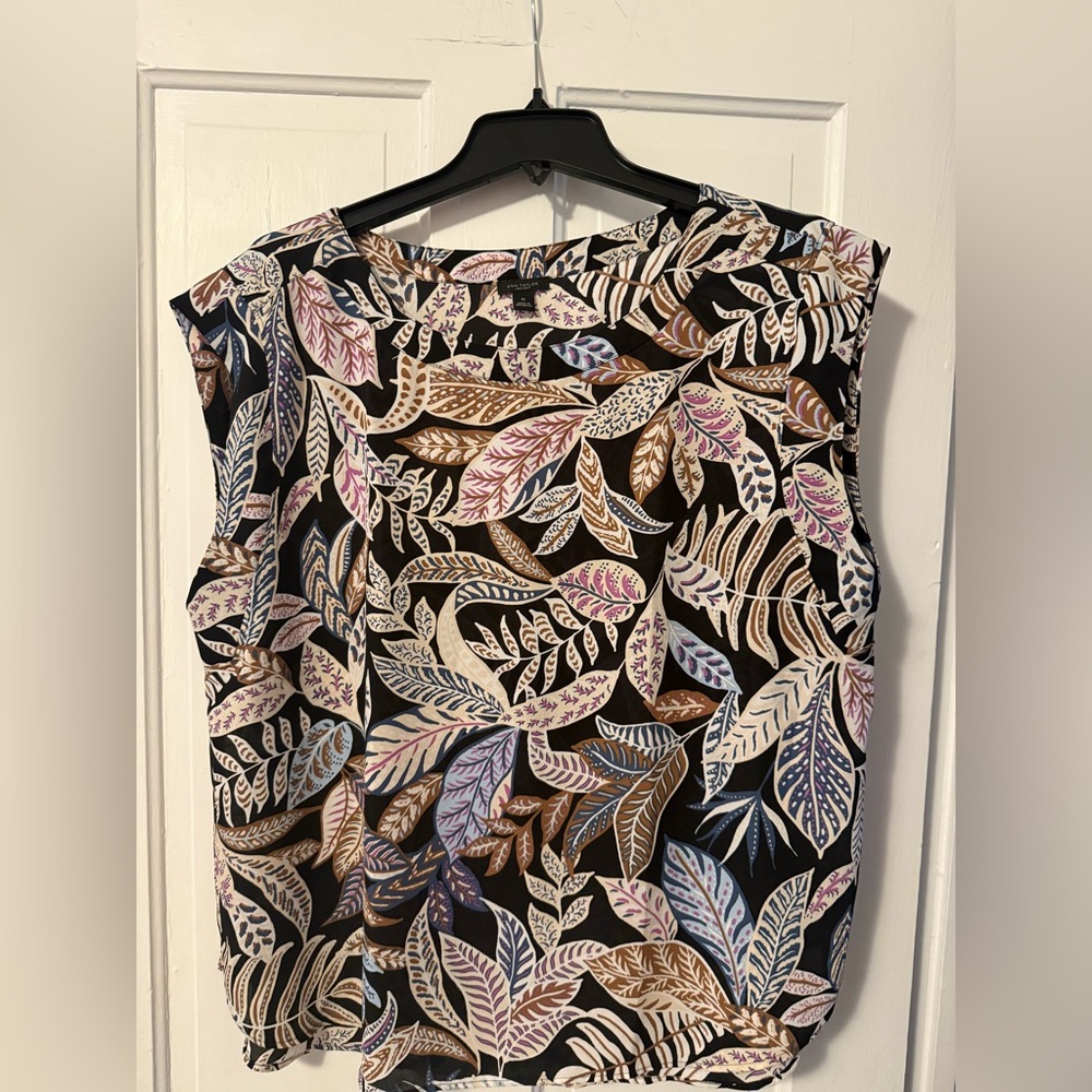 Ann Taylor Black and Cream Leaf Print Blouse with Boatneck Collar